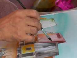 CU ZO Hertiage City local artist painting with oil on canvas / Malacca, Malaysia Stock Footage