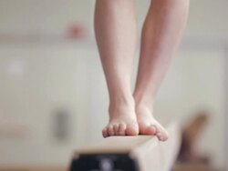  CU Gymnast's feet jumping on balance beam / Vancouver, British Columbia, Canada Stock Footage
