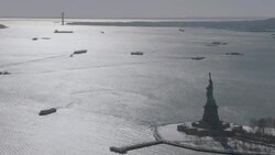 'WS PAN AERIAL Shot of Statue Liberty Island / New York City, United States' Stock Footage