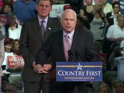 September 16, 2008 MS Republican presidential candidate John McCain speaking at town hall campaign event as Florida senator Mel Martinez stands behind him/ Tampa, Florida/ AUDIO Stock Footage