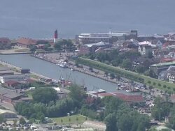  AERIAL WS ZI View of ocean nearby city / Buesum, Schleswig-Holstein, Germany Stock Footage