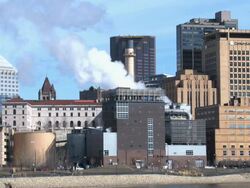 A closer view of the skyline of St. Paul Minnesota as seen from across the Mississippi River Stock Footage