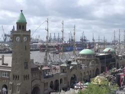 WS Shot of Landungsbrucken and Elbe river at harbour birthday / Hamburg, Germany Stock Footage
