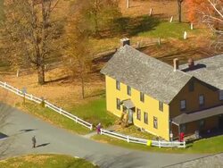 MS AERIAL PAN ZI View of Calvin Coolidge Birthplace and Historic Site / Vermont, United States Stock Footage
