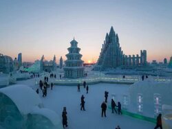 Spectacular illuminated ice sculptures at the Harbin Ice and Snow Festival in Heilongjiang Province, Harbin, China - Time lapse Stock Footage