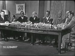 1952: THE CANDIDATES: MS News anchor David Brinkley (1920-2003) sitting at left end of conference table, SOT saying delighted to bring leading candidates, WS Candidates sitting at table w/ Lief Eid on right end.  Asking if they support compulsory FEPC Instructional Video