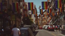 Rainbow Flag Gay Rights Pride in Chueca district, Madrid Stock Footage