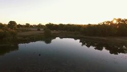 Sunset over a reflective lake or pond with vegetable garden and fruit orchard in the distance Stock Footage