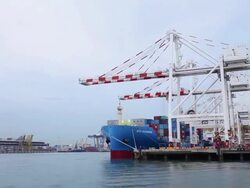 Shipyard working loading container cargo freight ship at sea Stock Footage