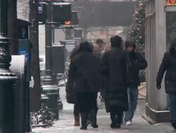 WS People walking on sidewalk during winter / New York City, New York, USA Stock Footage