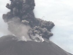 Close up of powerful explosion of ash and rock from Anak Krakatau volcano, Krakatoa, Indonesia, November 2010 Stock Footage
