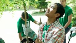 Portrait of smiling environmentalist volunteer holding potted tree Stock Footage