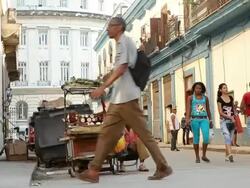 MS Shot of Street vendor on Havana busy street / Havana, Cuba  Stock Footage