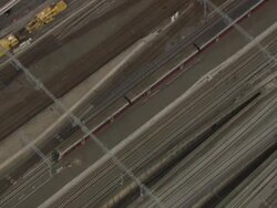 Aerial of train coming into Oslo S, Oslo Central Station Stock Footage