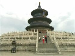 View up stone steps to Temple of Heaven, low angle, Beijing, China Stock Footage