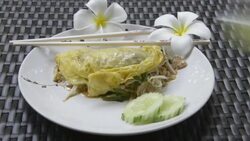 Woman eating Fried noodles with chicken in omelet Stock Footage