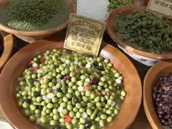 CU PAN View of vegitable for sale at sunday market  / Pollenca, Mallorco Baleric Island, Spain Stock Footage