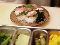 CU R/F Shot of decorating fish and Japanese food in restaurant / Tokyo, Kanto, Japan Stock Footage