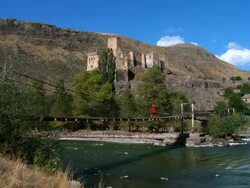 MS One girl walking on pool over river / Georgia  Stock Footage