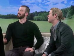 Chris Evans & Chris Hemsworth on the set of Good M Stock Footage