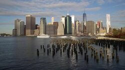 Skyscrapers of Manhattan from the Brooklyn Heights neighborhood, East river, New York, United States of America Stock Footage