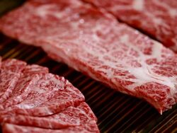 CU Meat of Han-u (a breed of cattle raised in Korea) on plate with vegetables / Yeongju, Gyeongsangbuk do, South Korea Stock Footage