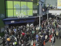 WS Crowd at horse race betting station near Tokyo Dome / Tokyo, Tokyo-To, Japan Stock Footage