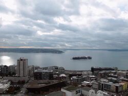 View overlooking the city to Puget Sound will going down the Space Needle. Stock Footage