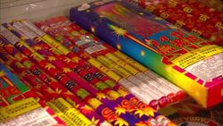Colorful fireworks await sale in a shop in Beijing. Stock Footage
