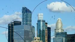 animated data numbers stream connected with city skyline background. business networking concept Stock Footage