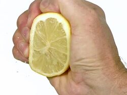 CU SLO MO Hand of man squeezing Lemon / Vieux, Normandy, France  Stock Footage