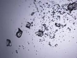 CU SLO MO Shot of uncontrolled wave of water with ice cubes falling through frame against grey blue back drop / United Kingdom Stock Footage