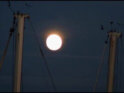 Full Moon Between Boat Masts Stock Footage