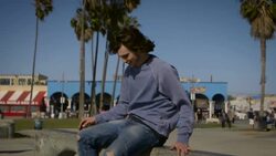 teenager skates up to rail and sits down in venice beach california Stock Footage