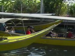 Pan Right Shot Floating Market Bangkok Thailand Stock Footage