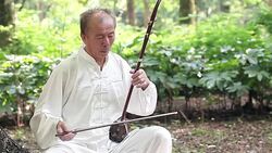 old man playing chinese traditional erhu in the park Stock Footage