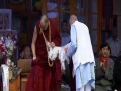 WS ZI Dalai Lama  honoring with gifts at his 70th birthday AUDIO / Dharmasala, Himachal Pradesh, India Stock Footage