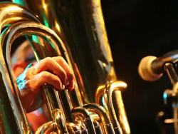 CU Tuba player on stage Stock Footage