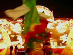 MS TS Actors carry children dressed as ancient figures during shehuo performances at city wall new year lantern festival, Shehuo is traditional festive folk celebration during chinese spring festival AUDIO / xi'an, shaanxi, china Stock Footage