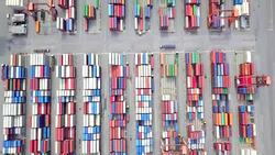 Strait of Malacca Aerial view port container terminal container ship in import export and business logistic at Deep water port Singapore Stock Footage