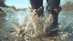 SLOW MOTION: Unrecognizable playful woman jumping in shallow water of a stream. Stock Footage