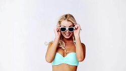 happy woman in bikini swimsuit with sunglasses Stock Footage