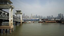 Old ferry harbor of Wuhan beside Yangtze river Stock Footage