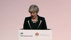 Interior shots of Theresa May speaking at conference in Jordan News Clip