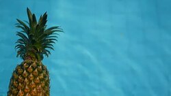 Pineapple Floating In blue Water In Swimming Pool. Healthy Raw Organic Food. Juicy Fruit. Vegetarian, Vegan Nutrition, Vitamins, Diet, summer holidays, vacation concepts. Exotic tropical background Stock Footage