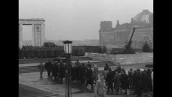Soviet soldiers march into British sector of Berlin to lay wreaths at War Memorial News Clip