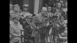 Partial film portrait of Republican presidential candidate Dwight Eisenhower focusing on parades; with Churchill and Adenauer, wounded vets and with family News Clip