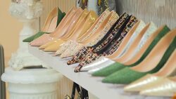 Shelves with lady fashion shoes in store. No Brand. Stock Footage