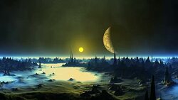 Sunset and the Moon over Alien Planet Stock Footage