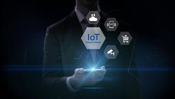 Businessman slide IoT hexagon icon, Home security, cctv, smart city, mobile app, car, internet of thing. 4K movie. Stock Footage